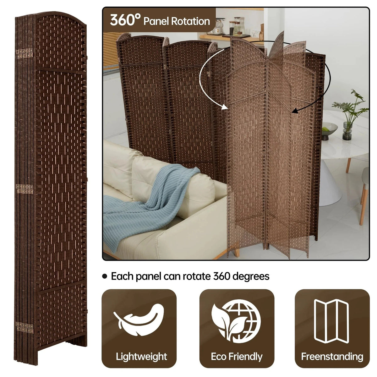 6 FT Tall Woven Fiber Room Divider. Freestanding Folding Privacy Screen