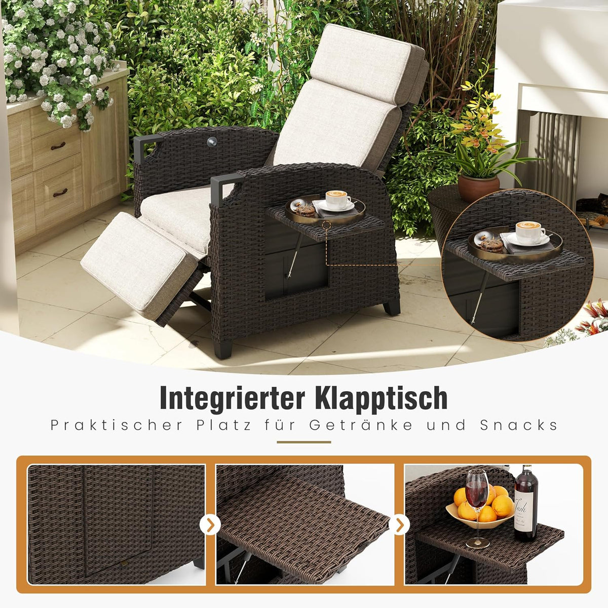 Amopatio Relaxliege Liegesessel. Rattan Sonnenliege mit Verstellbar Rückenlehne und Klapptisch. Outdoor Gartensessel wetterfestes. für Terrasse.