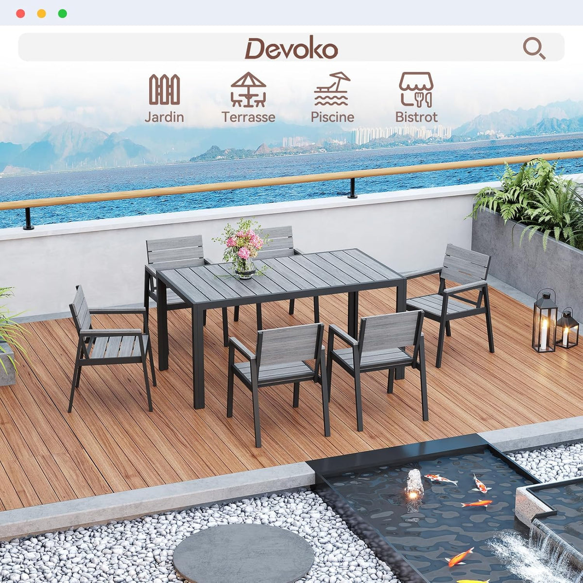 Devoko HDPS Conjunto de jardín de exterior de 7 piezas. resistente a la intemperie.con mesa de 150 cm y 6 sillas de jardín de exterior de aluminio.