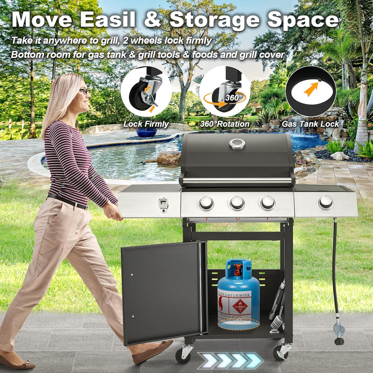 4-Burner Propane Gas Grill with Cast Iron Grates. Side Stove and 44.000 BTU Stainless Steel Burners