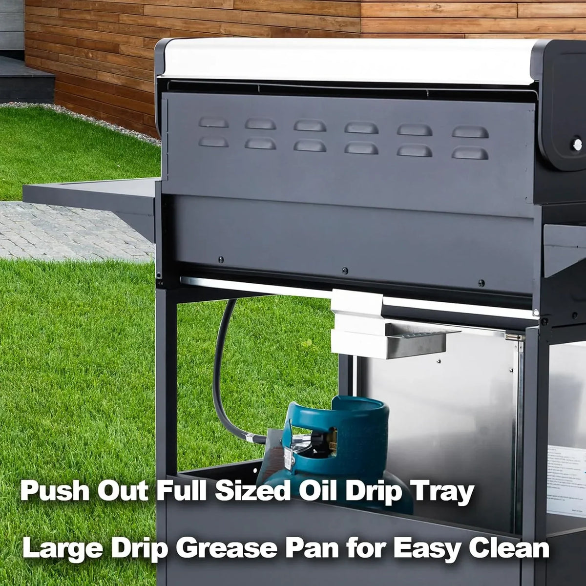 4-Burner Propane Gas Grill with Cast Iron Grates. Side Stove and 44.000 BTU Stainless Steel Burners