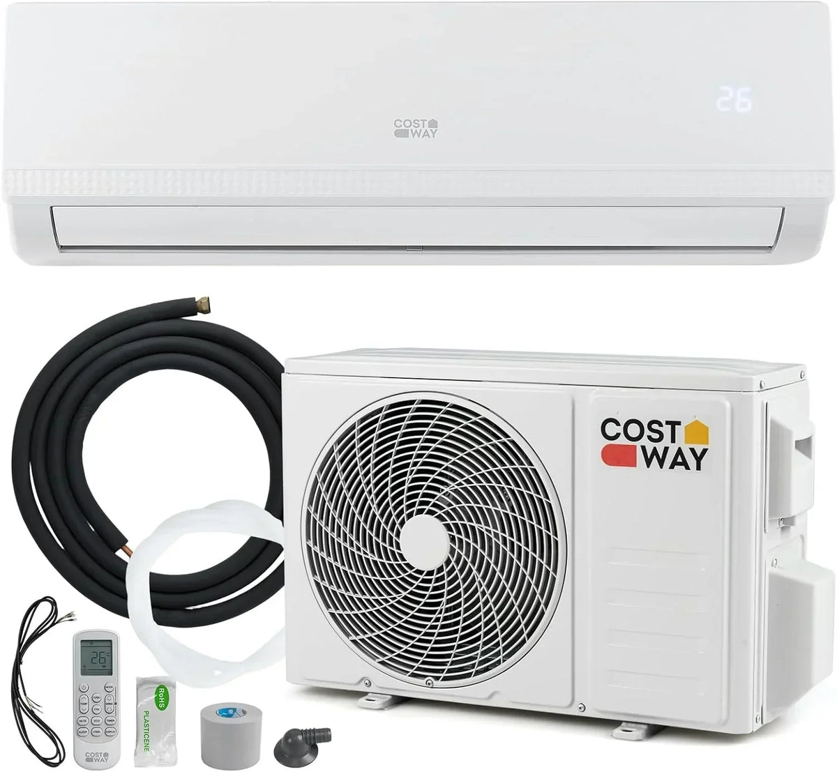 COSTWAY Aire Acondicionado Split. 2.6 kW. Aire Acondicionado con Calefacción con Bomba de Calor.Refrigerante: R32. Calefactor y Refrigerador con Kit