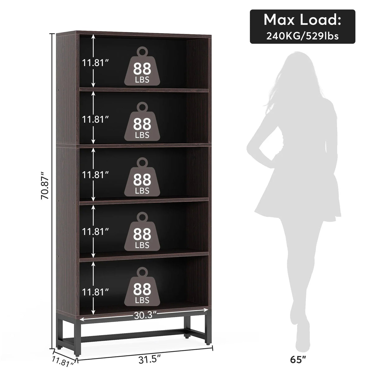 70.87 Inch Tall 5-Tier Bookcase. Large Bookshelf with 31.5 Inch Wide Storage