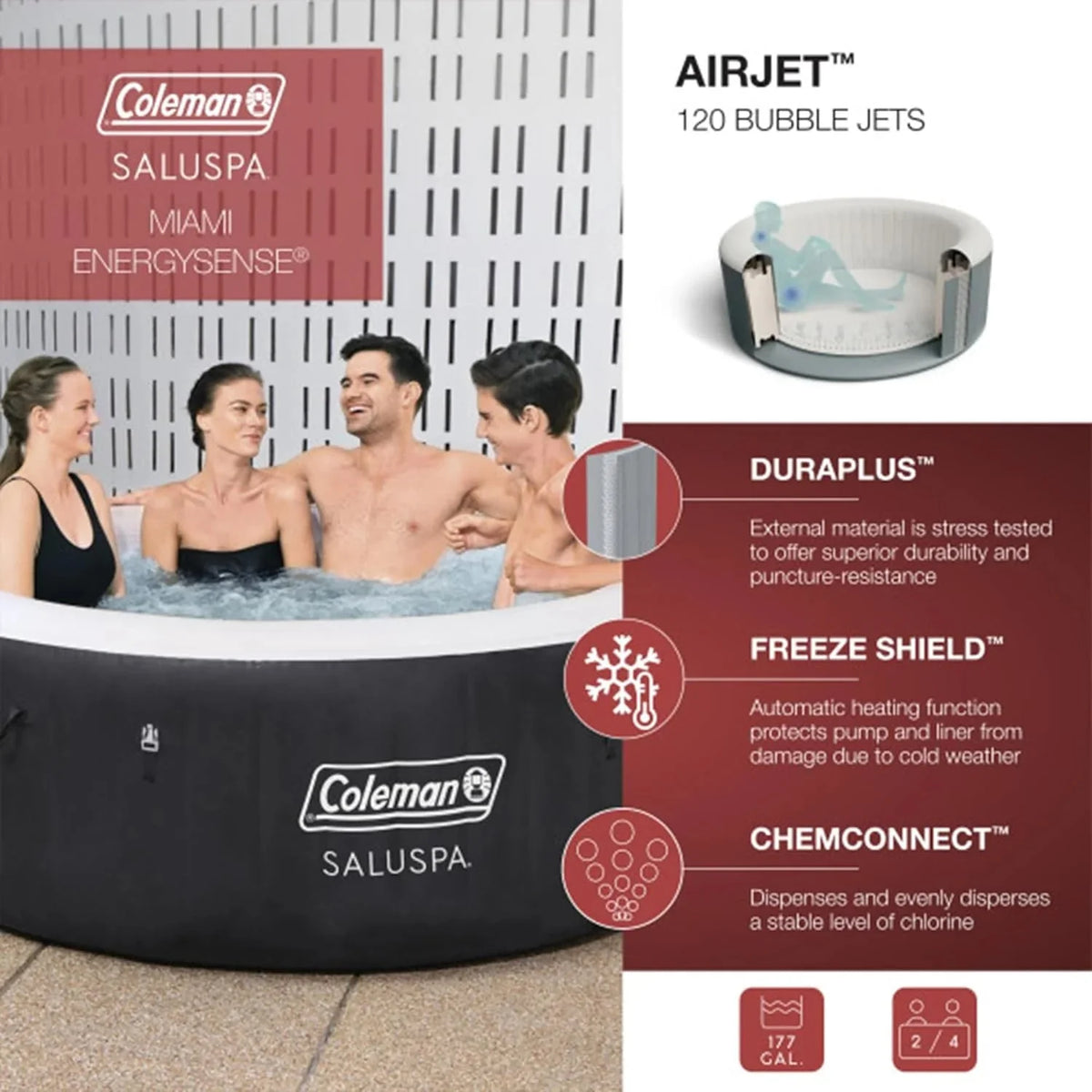 2-4 Person Inflatable Hot Tub. Portable Round Outdoor Spa with 120 Soothing Air Jets and Insulated Cover. Black