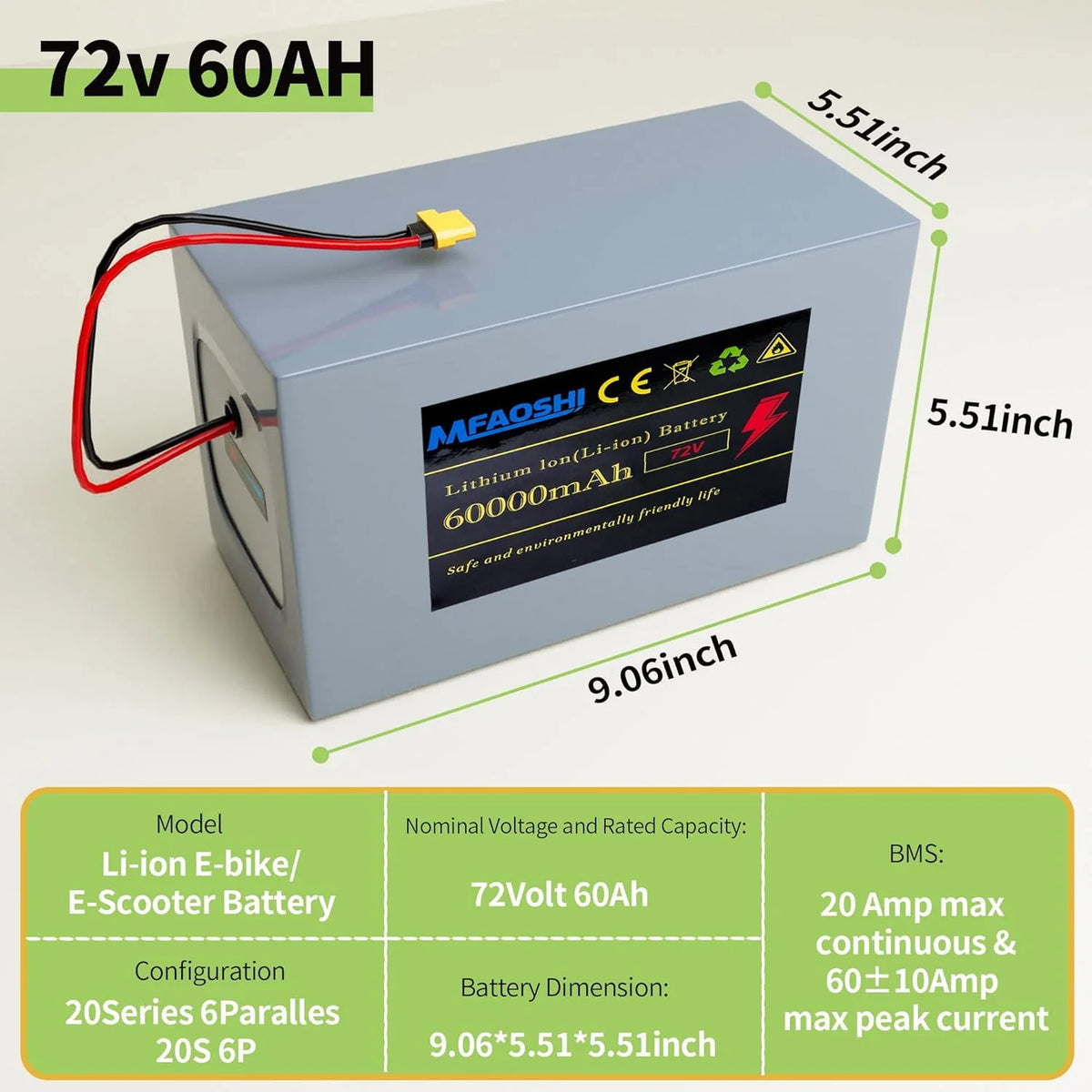 72V 60Ah Lithium E-Bike Battery with LED. XT90 Connector