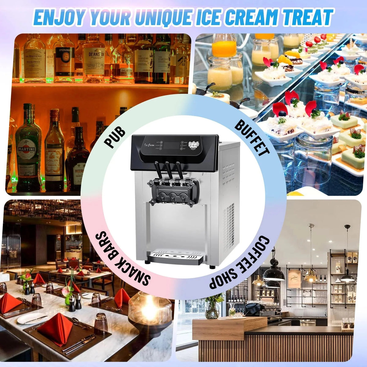 2200W 3-Flavor Soft Serve Ice Cream Machine. 5.3–7.4 Gal/Hr. LCD Touch Screen. Automatic Cleaning