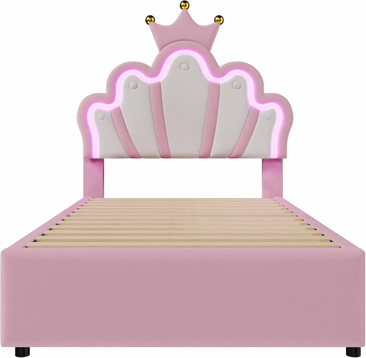 Kinderbett Polsterbett 90x200. Kronenförmiges Prinzessinnenbett. Einzelbett mit LED und 2 Schubladen. Bettgestell für Mädchen. mit Verstellbares