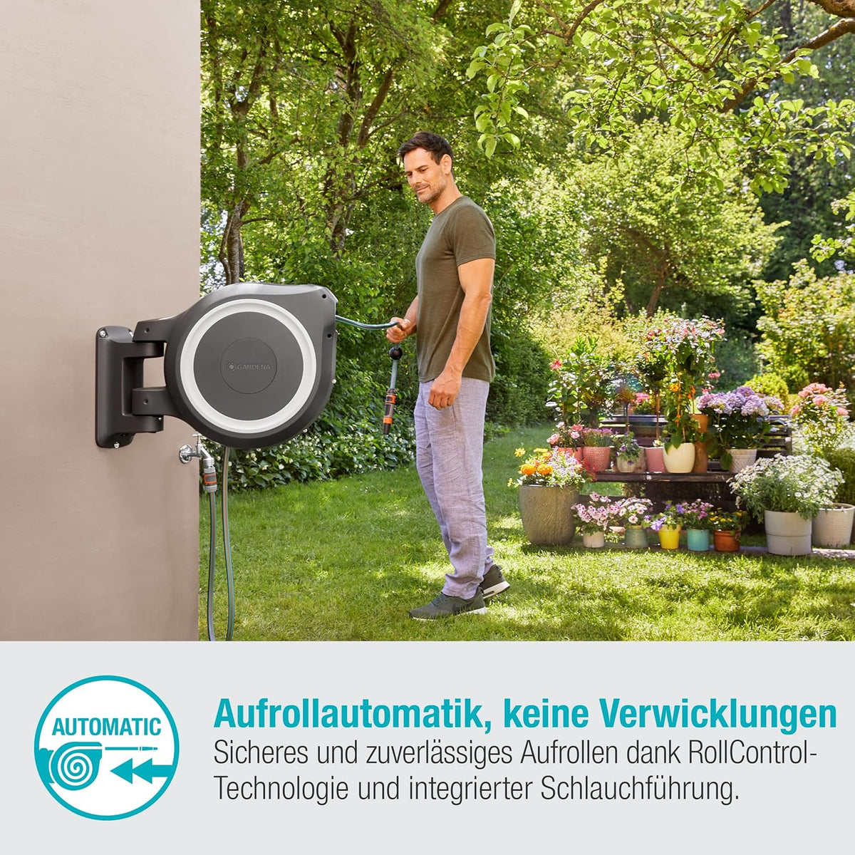 Gardena Wand-Schlauchbox RollUp M/L (weiß) 25 m: flexible Bewässerung für mittelgroße bis große Gärten. Schwenkbare Schlauchbox. inkl. 25 m Gardena