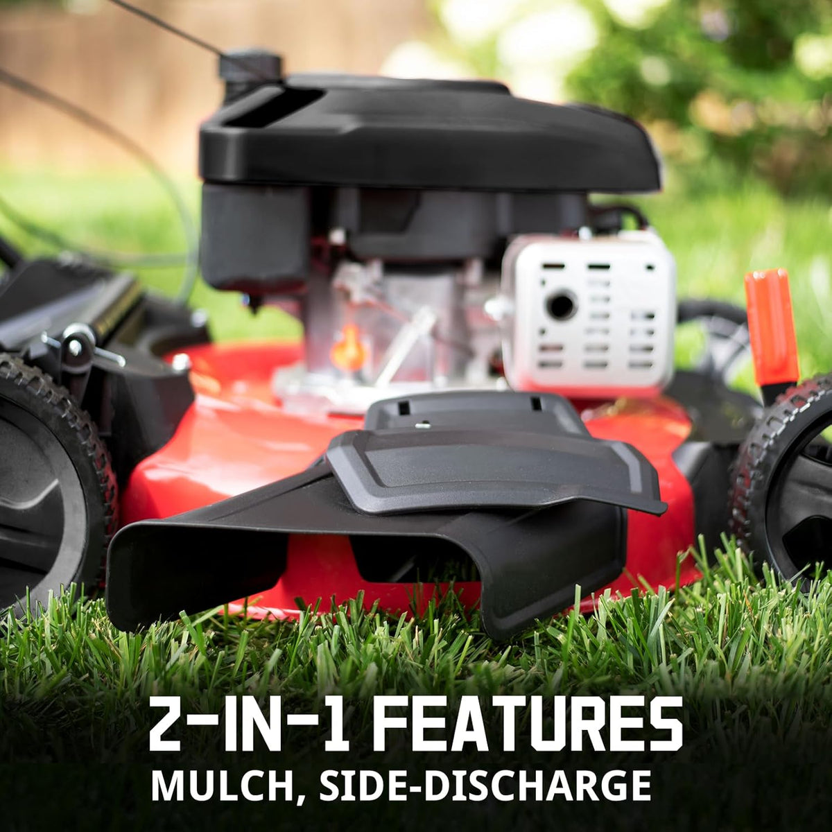 21-inch gas-powered lawn mower. equipped with a 144cc four-stroke all-terrain engine. featuring both crushing and side-discharge functions. with adjustable cutting height ranging from 6 positions.