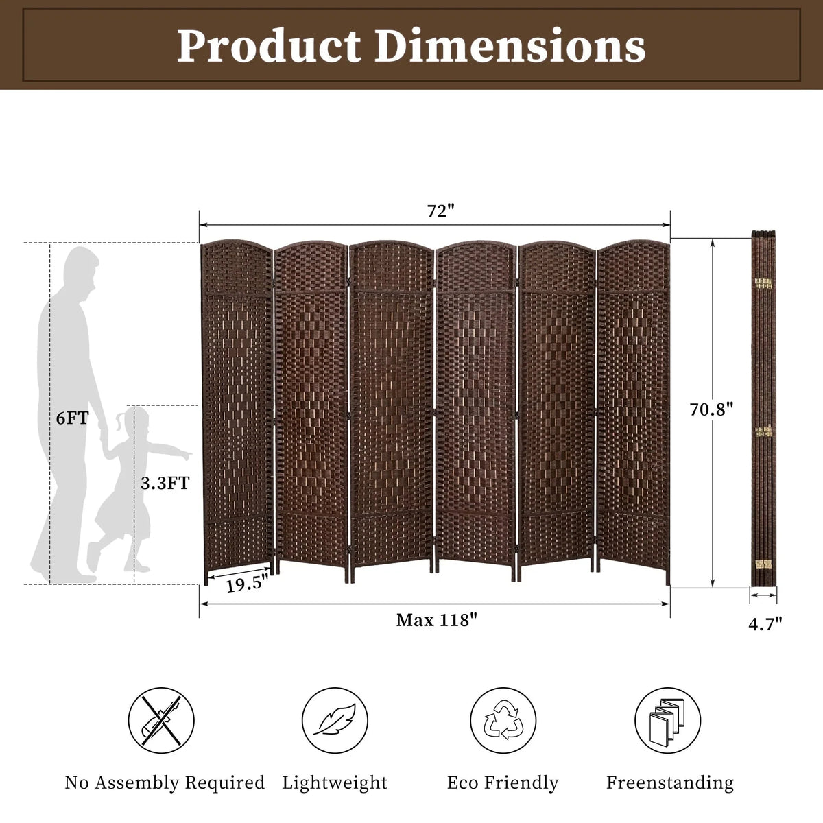 6 FT Tall Woven Fiber Room Divider. Freestanding Folding Privacy Screen