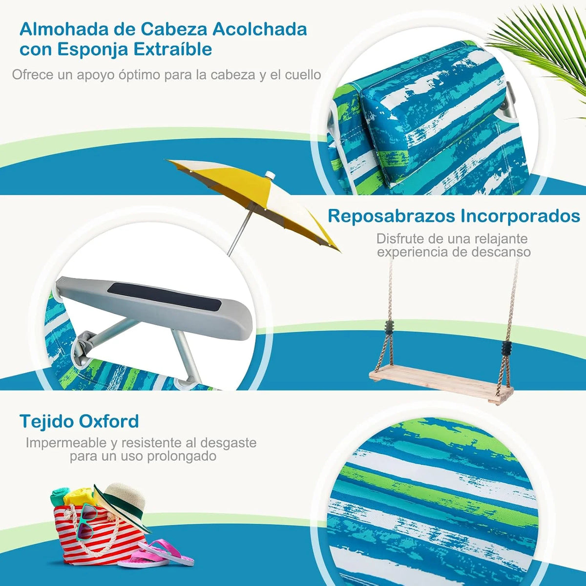 COSTWAY Silla Plegable de Playa. Tumbona con 5 Posiciones. Portavasos. Bolsillos de Almacenamiento. Correas de Hombro. Soporte para Toallas. Almohada.