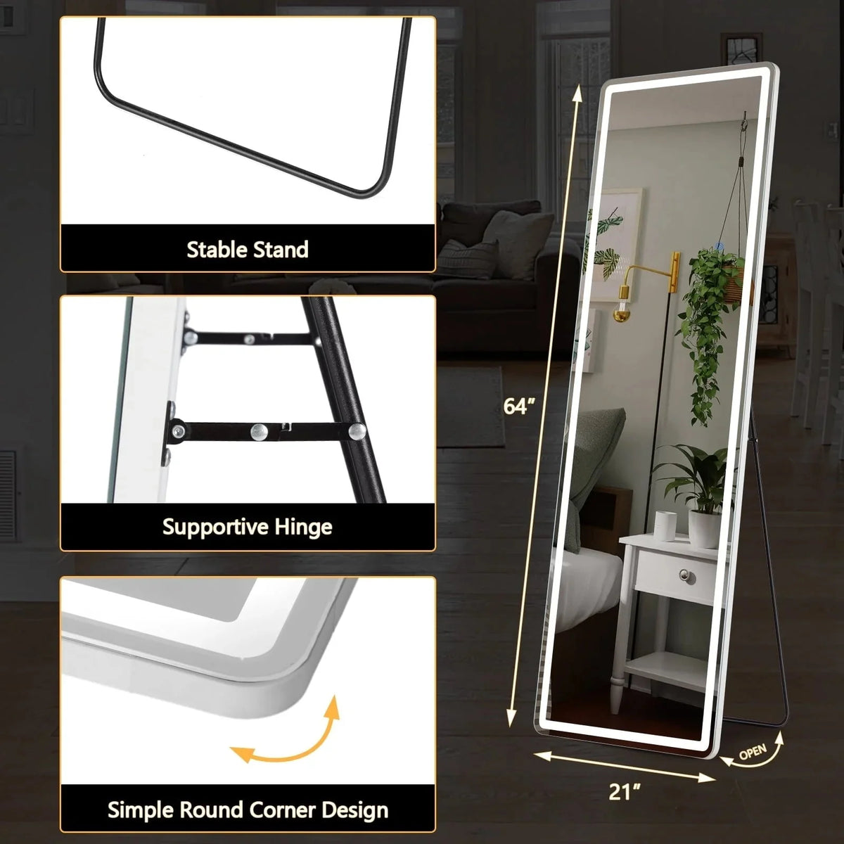 64 x 21 Inch Full Length LED Floor Mirror with Stand. Wall Mounted Full Body Mirror