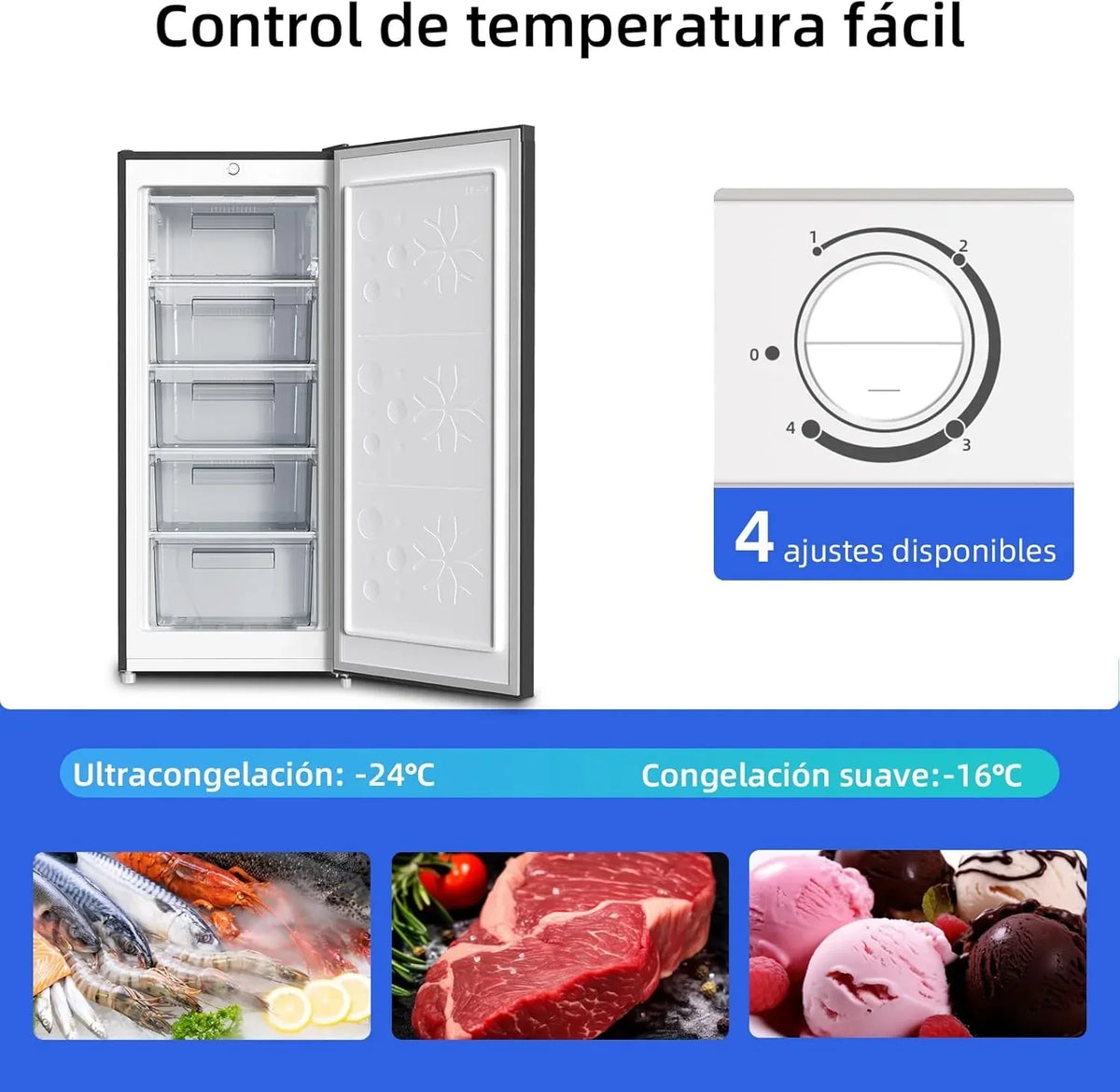 Congelador vertical independiente CHiQ. 145L de capacidad. congelación rápida. termostato ajustable. silencioso. puerta reversible. negro.