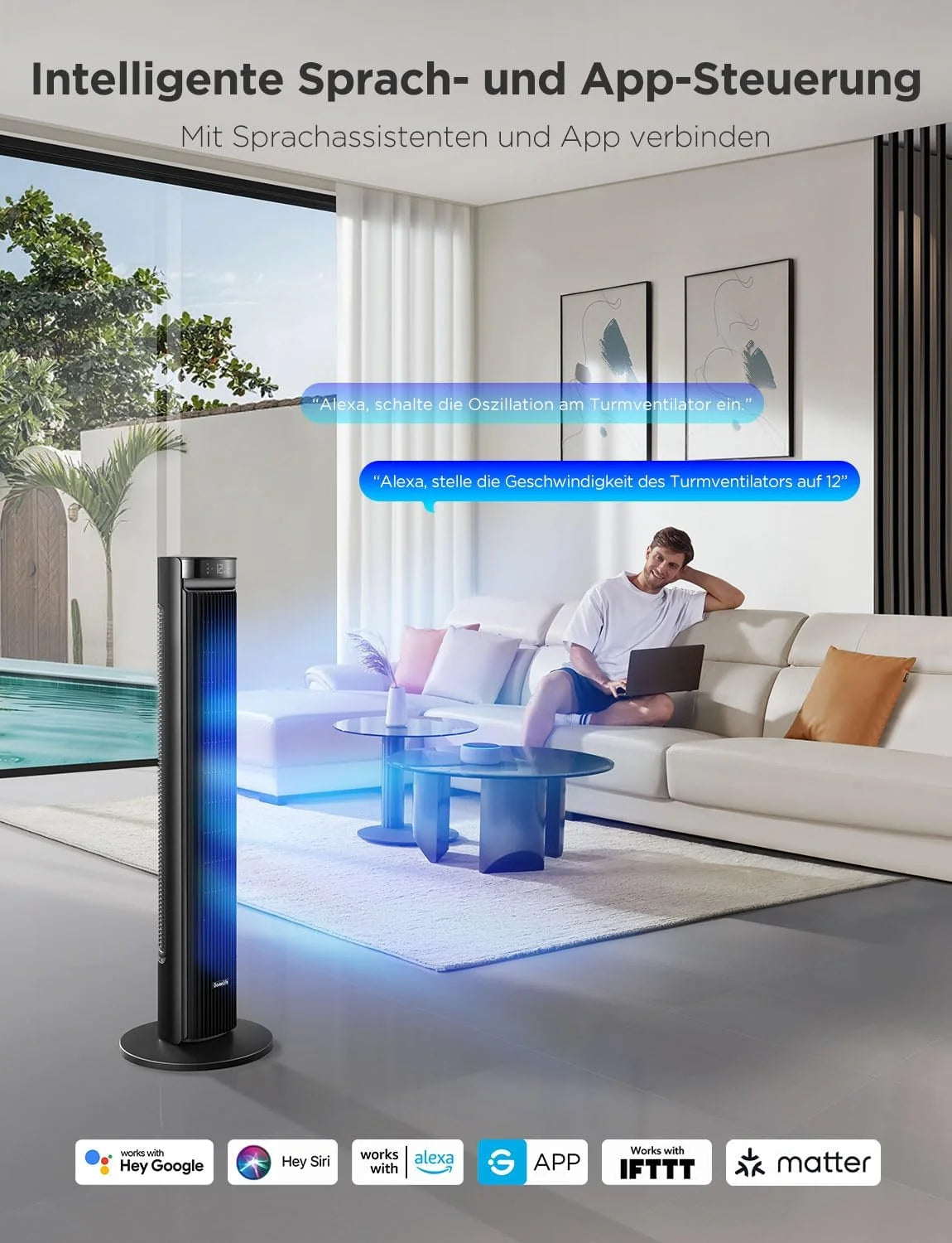 GoveeLife 27 dB leiser Ventilator. 12 Geschwindigkeiten bis zu 8 m/s. 5 Modi. 24-Stunden-Timer. intelligenter Turmventilator mit 150°-Oszillation. APP