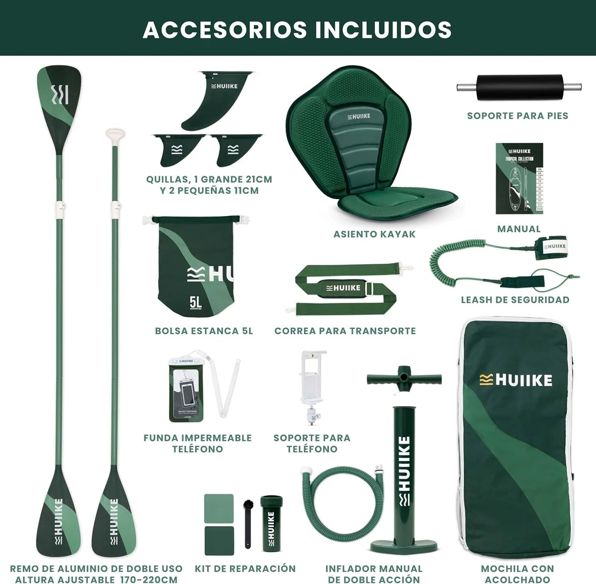 HUIIKE Tabla Paddle Surf Hinchable con Accesorios Incluidos. Remo. Quillas. Inflador. Stand Up Paddle Board Gran Estabilidad y Resistencia. 305 x 84 x