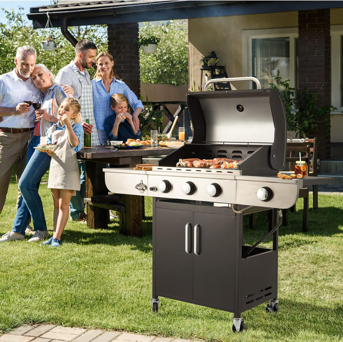 4-Burner Propane Gas Grill with Cast Iron Grates. Side Stove and 44.000 BTU Stainless Steel Burners