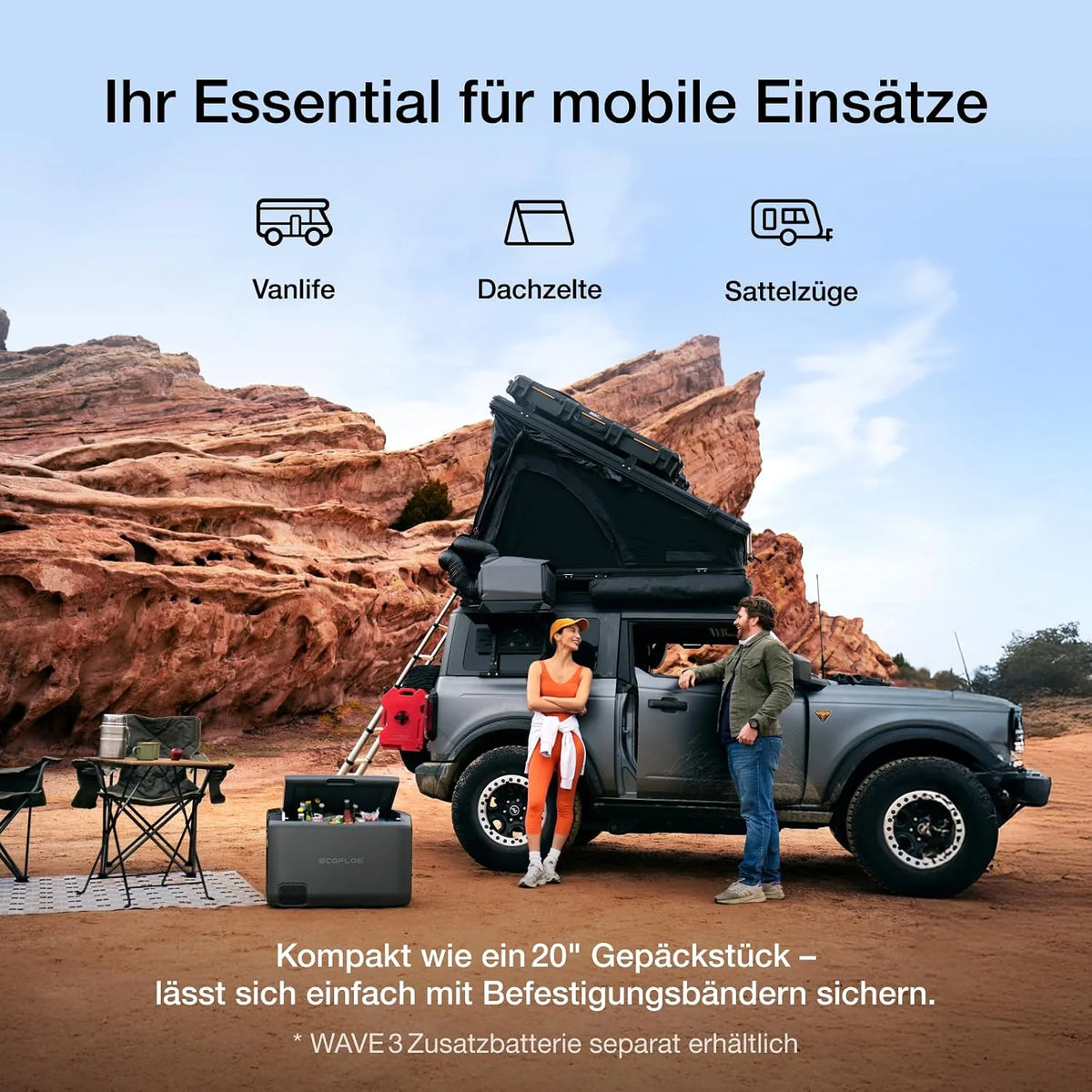 ECOFLOW WAVE 3 Tragbare Klimaanlage. 1800 W/6100 BTU Kühlen. 2000 W/6800 BTU Heizen. 1000 W Schnellladen (75 Min.). 8 Std. Akkulaufzeit. App-Steuerung