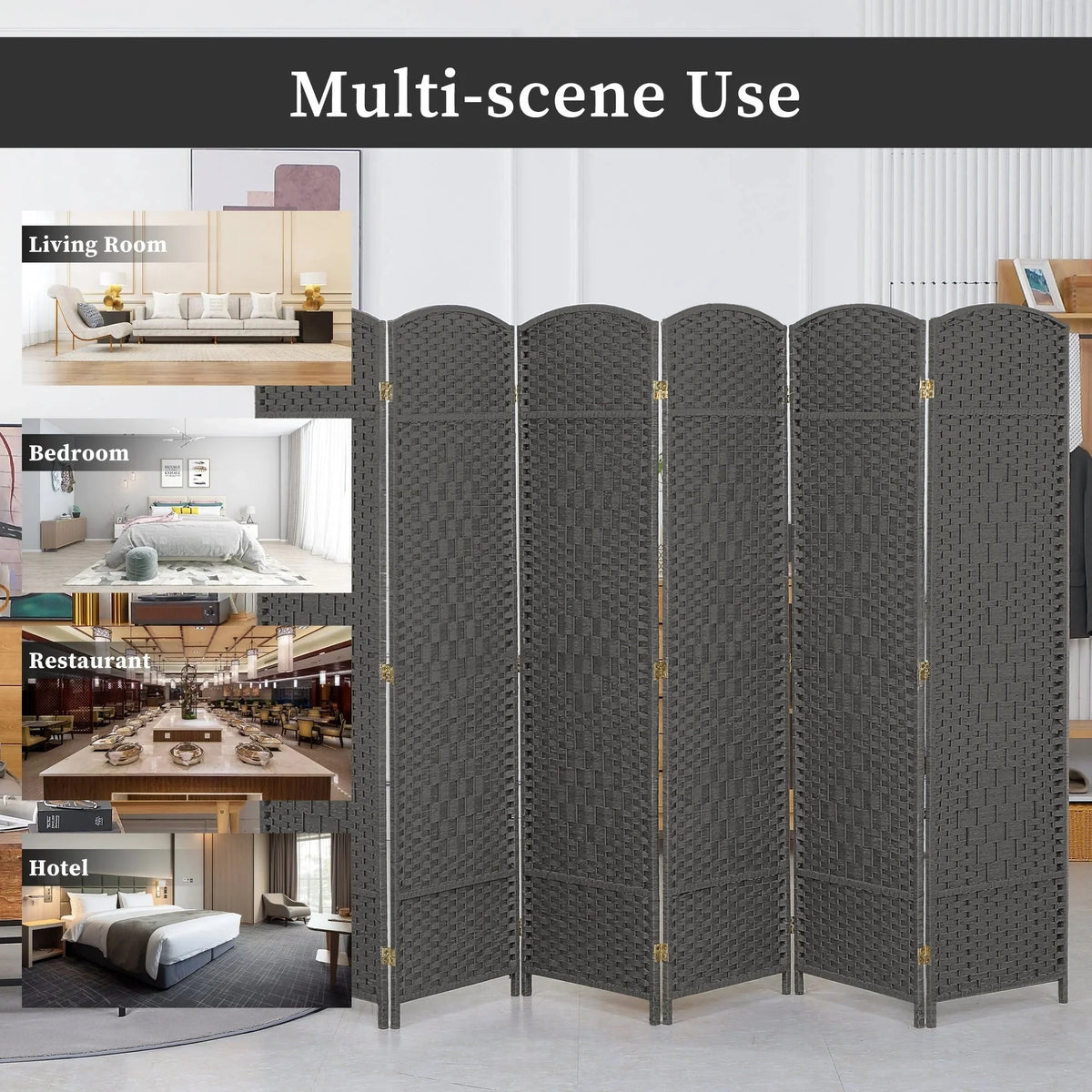 6 FT Tall Woven Fiber Room Divider. Freestanding Folding Privacy Screen