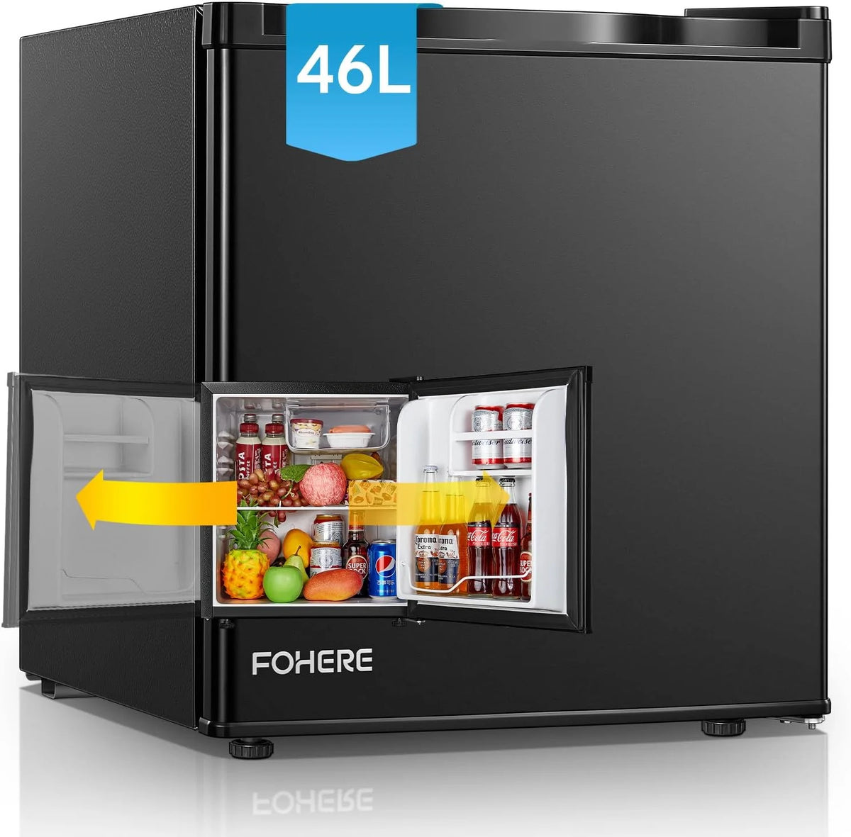 FOHERE Mini Kühlschrank 46L mit Eisfach | Kühlschrank Klein | Temperaturregelung. Energiesparend. Leise | Getränkekühlschrank Ideal für Büro. Camping