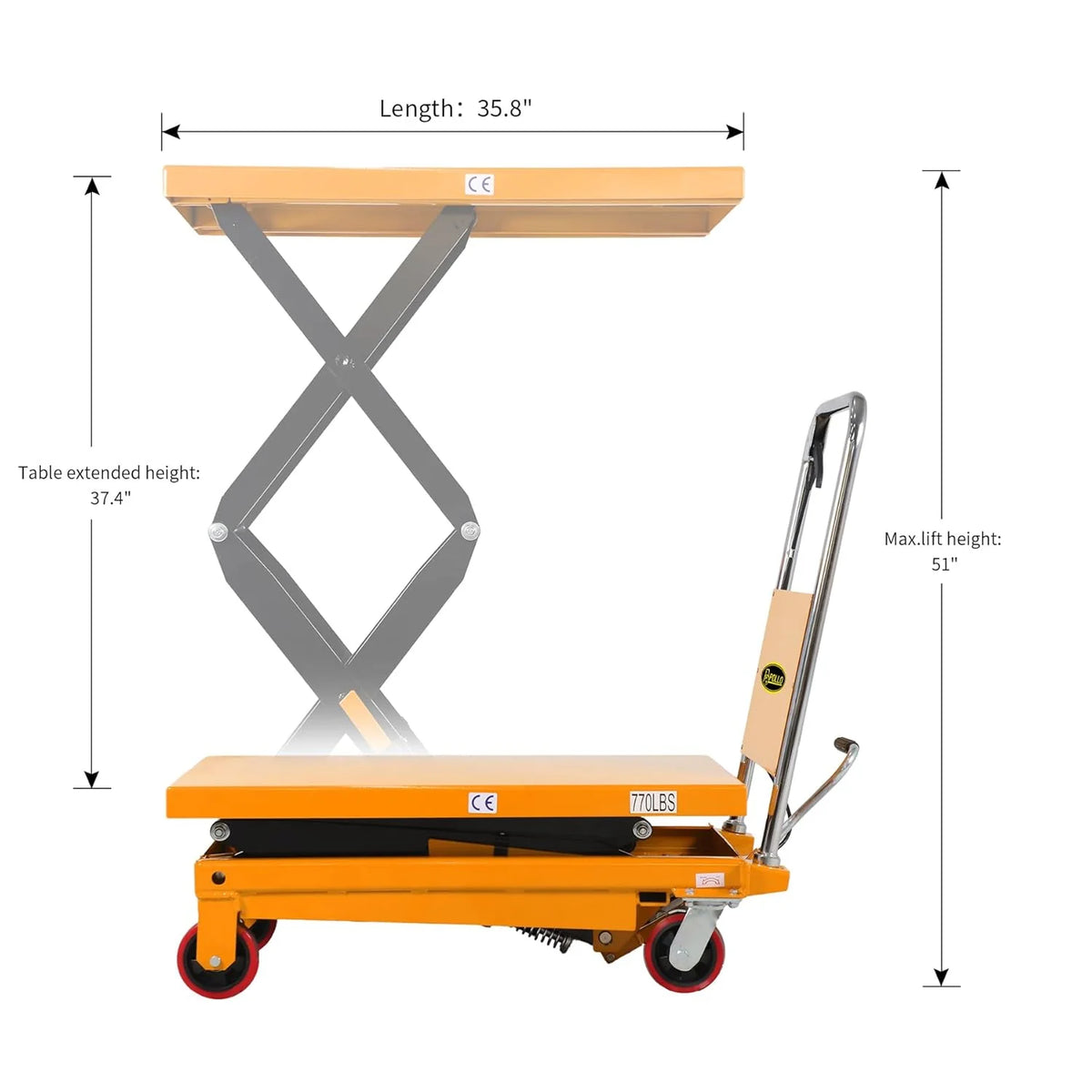Hydraulic Lift Table Cart – 770 lbs Capacity. 51 Max Height. Double Scissor Lift with Safety Guard & 4 Wheels