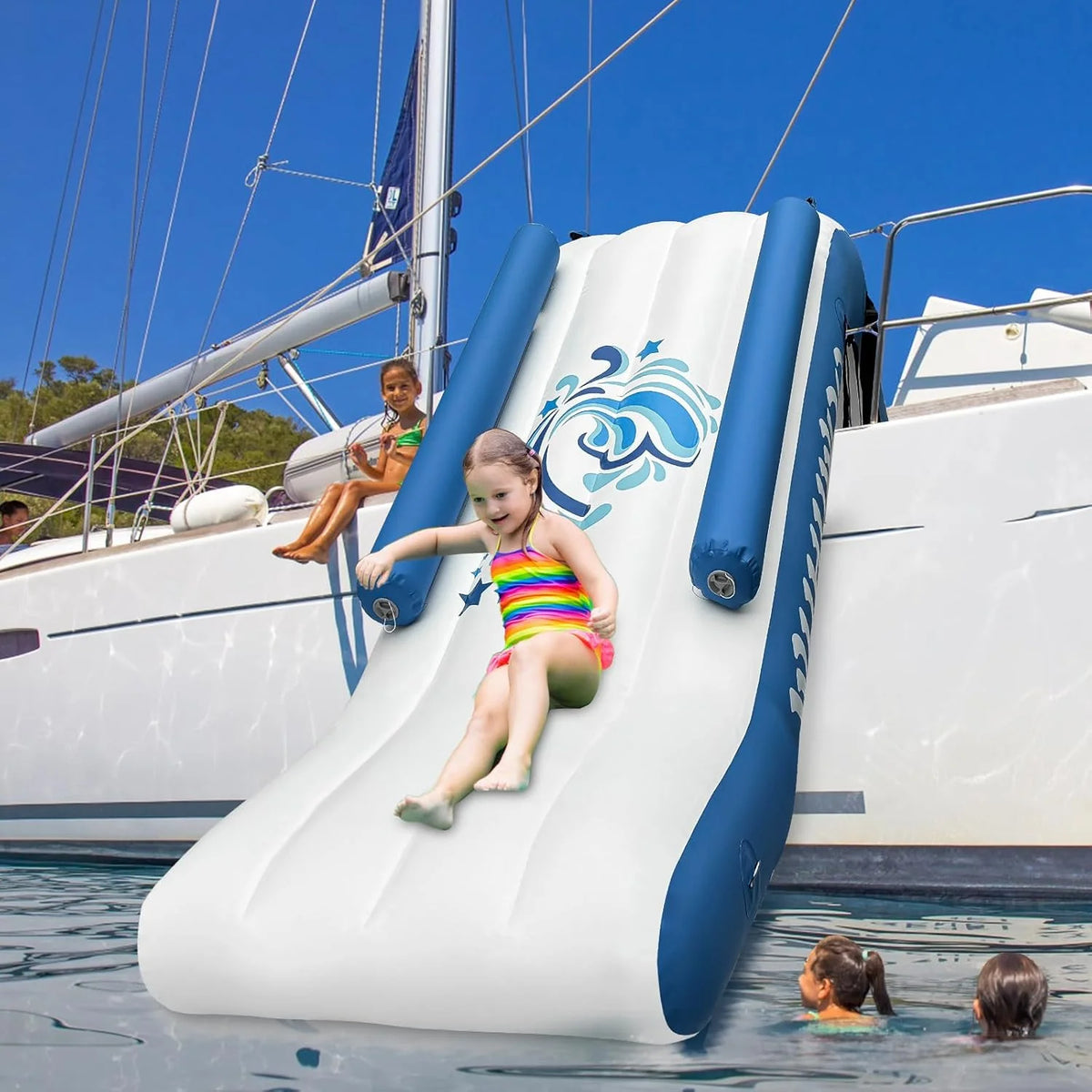 Pontoon Waterfall Slide. Inflatable Pontoon Boat Water Slide for Kids Backyard Pool Sea. Electric Air Pump & Storage Bag
