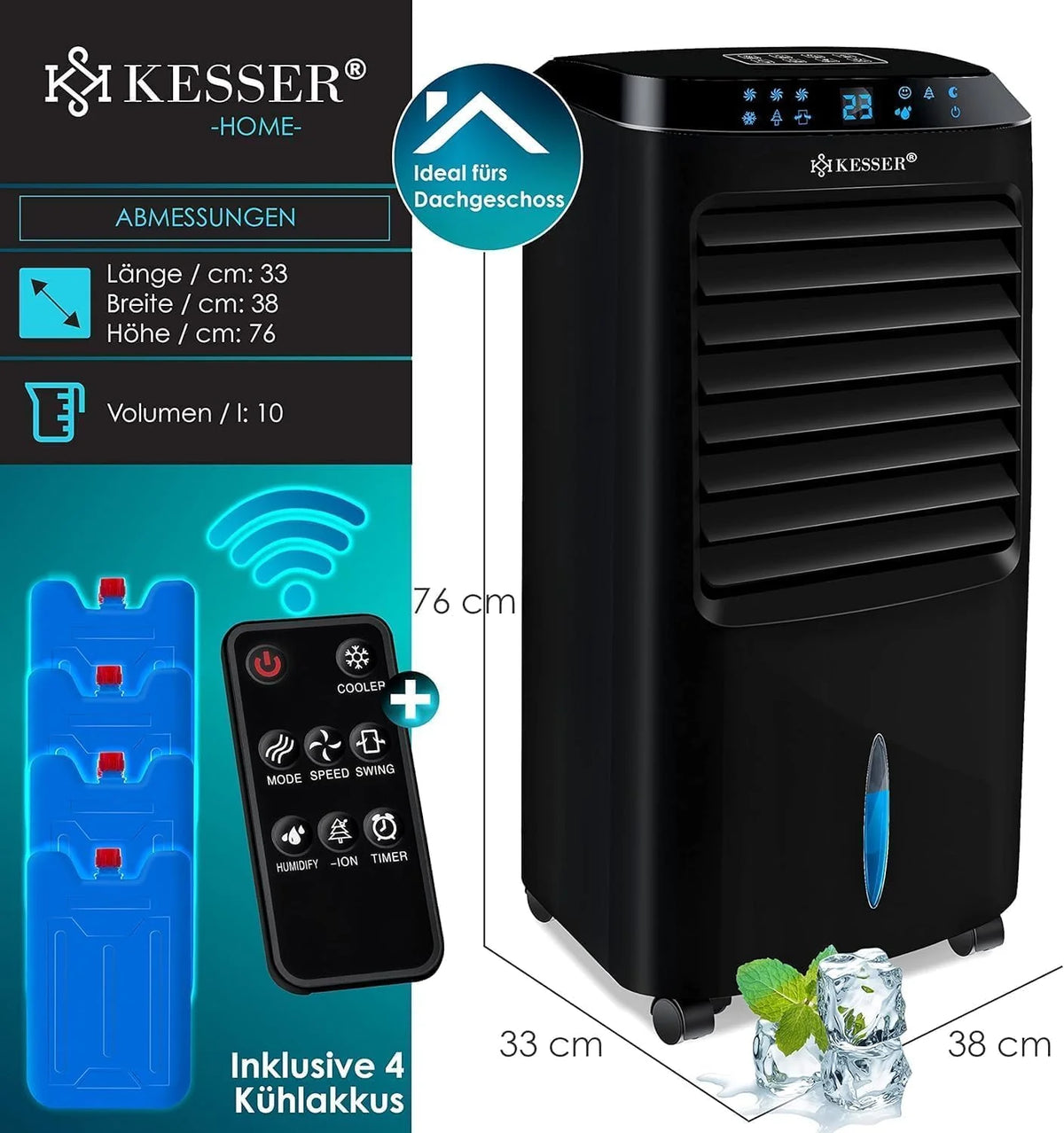 KESSER Mobile Klimaanlage 4in1 Luftkühler – Air Cooler mit Fernbedienung & Timer. 10L Wassertank. Ionisator & Luftbefeuchter. Ventilator Klimagerät