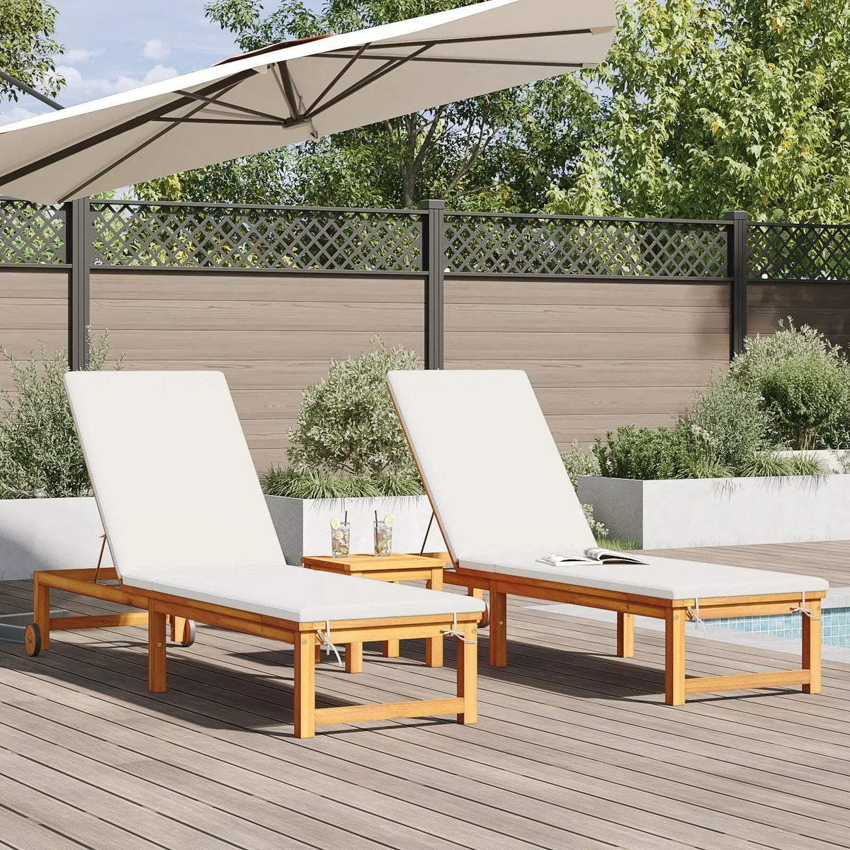 2025 Tumbonas 2 pcs con Mesa y Cojines de Madera Maciza de Acacia. Tumbona con Cojines Crema de Madera Maciza de Acacia. Mesa Lateral de Jardín
