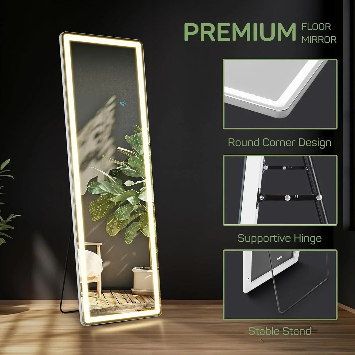 64 x 21 Inch Full Length LED Floor Mirror with Stand. Full Body Wall Mounted Mirror