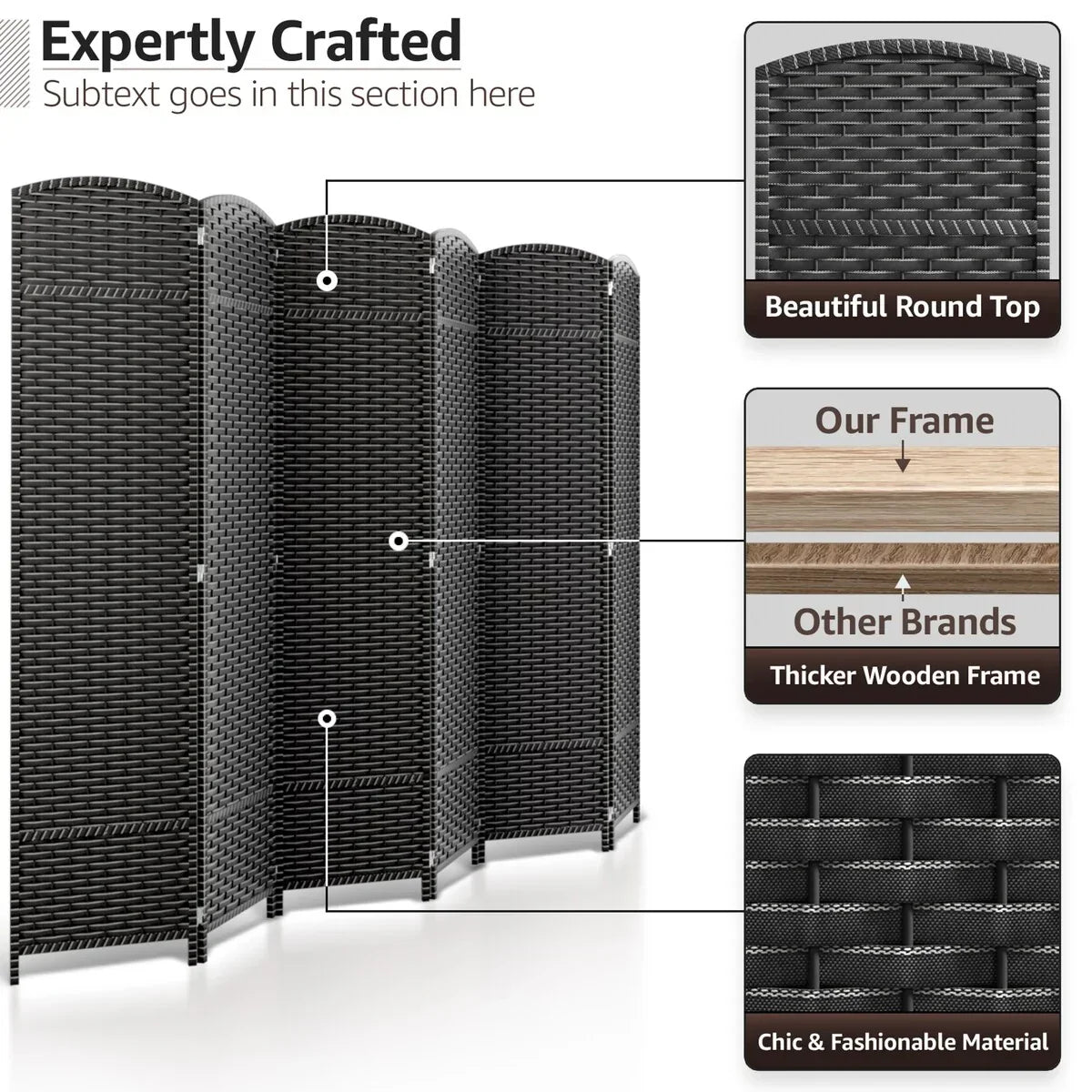 6 Panel Room Divider. 6ft Tall Extra Wide Folding Privacy Screen with Hand-Woven Mesh Panels