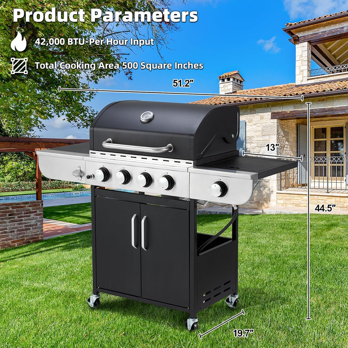 4-Burner Propane Gas Grill with Cast Iron Grates. Side Stove and 44.000 BTU Stainless Steel Burners