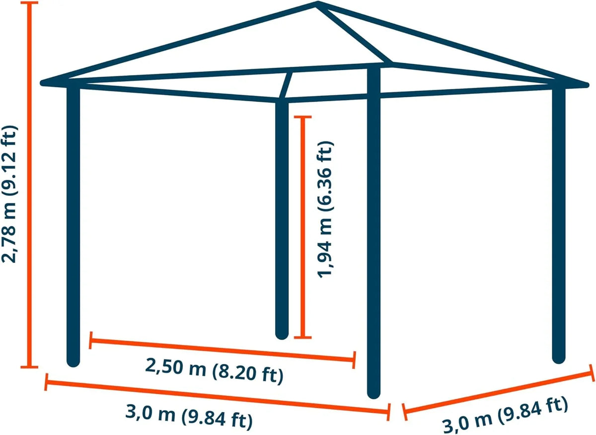 TOOLPORT Gartenpavillon 3x3 m Stahldach Hardtop 4 Seitenteile in Grau. Pfosten 9x9 cm