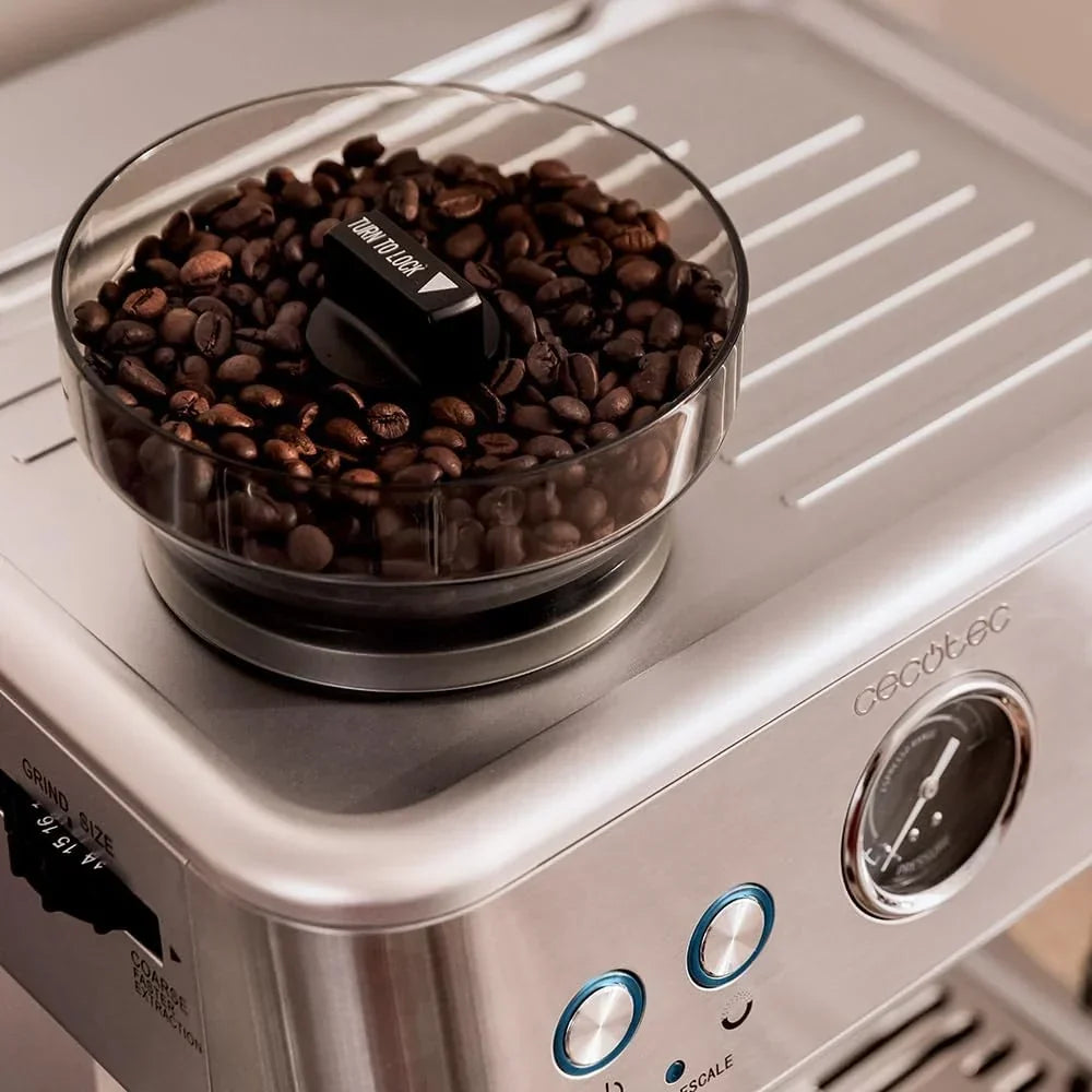Cecotec Cafetera Express Barista Power Espresso 20 Barista. 2250W. 20 Bares. Manometro y 2 Thermoblocks. Depósito de Café en Grano. Molinillo con 20