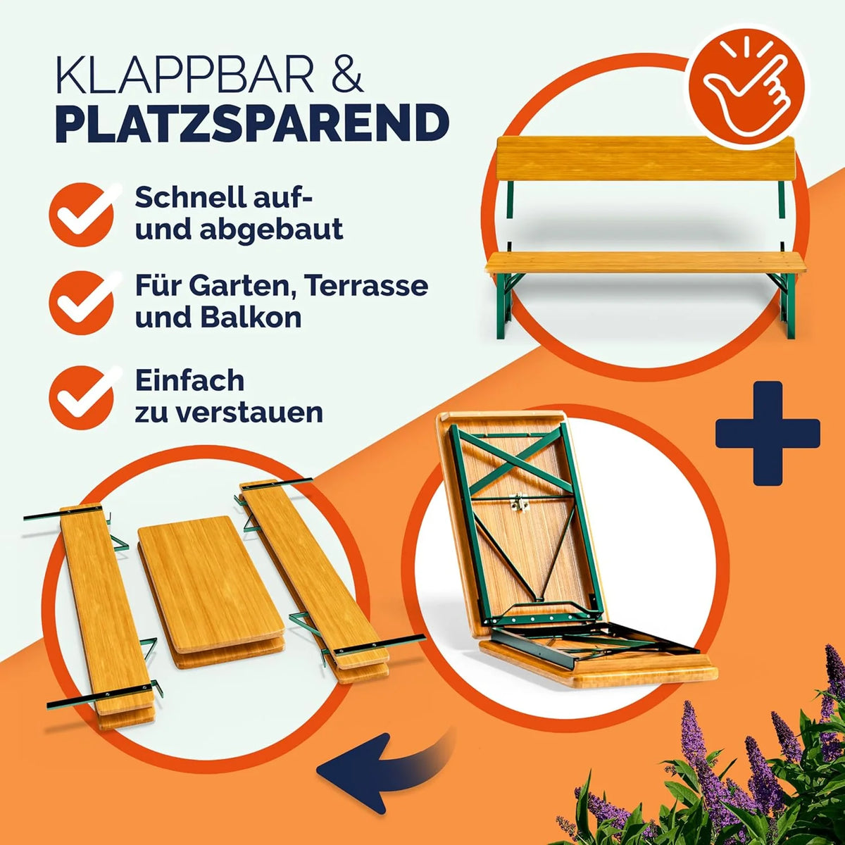 Casaria Bierzeltgarnitur mit Lehne 170 cm Klappbar Stabil 2X Bierbank 1x Breiter Tisch Holz Biertischgarnitur Festzeltgarnitur Biergartengarnitur