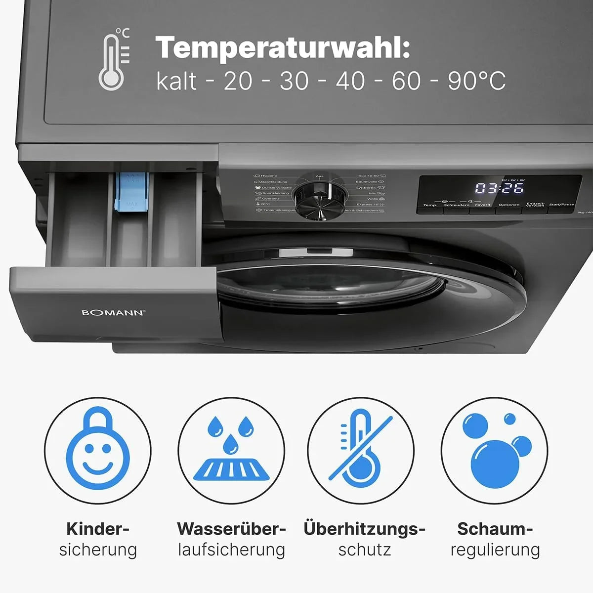 Bomann Waschmaschine 8kg | max. 1400 U/min | 10 Jahre Motor-Garantie | robuster. leiser & langlebiger Invertermotor | 15 Waschprogramme | LED-Display