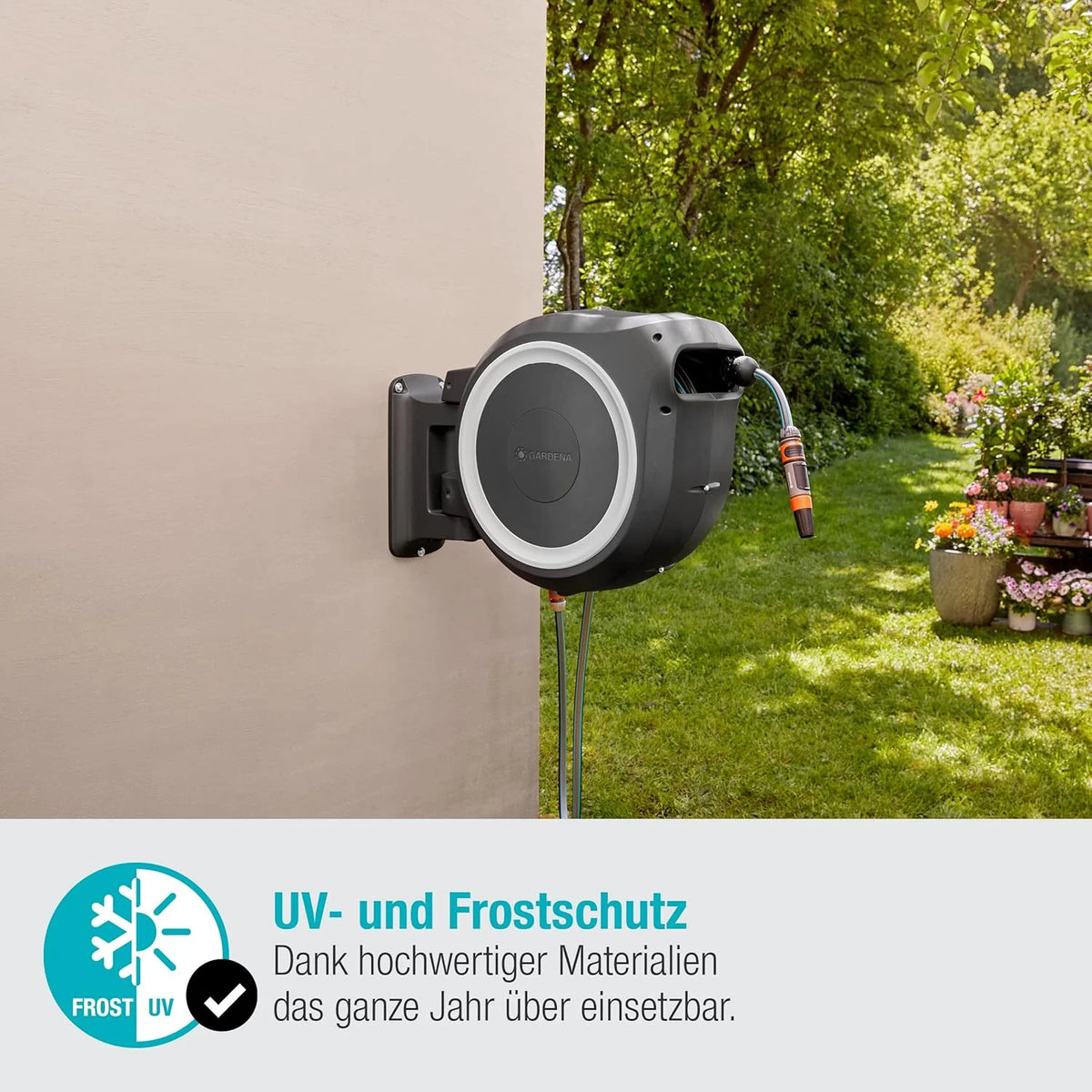 Gardena Wand-Schlauchbox RollUp M/L (weiß) 25 m: flexible Bewässerung für mittelgroße bis große Gärten. Schwenkbare Schlauchbox. inkl. 25 m Gardena