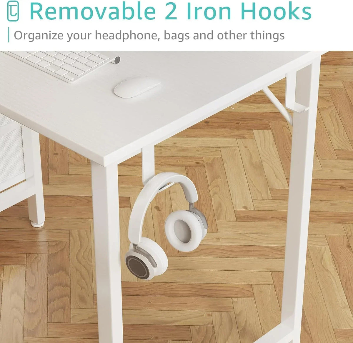 40 Inch Small White Desk with Fabric Drawers. Compact Computer Writing Desk for Home Office. Bedroom and Study