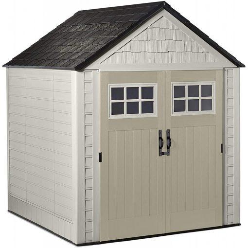 7 x 7-Ft. Resin Outdoor Garden Storage Shed with Windows and Utility Hooks. Sand