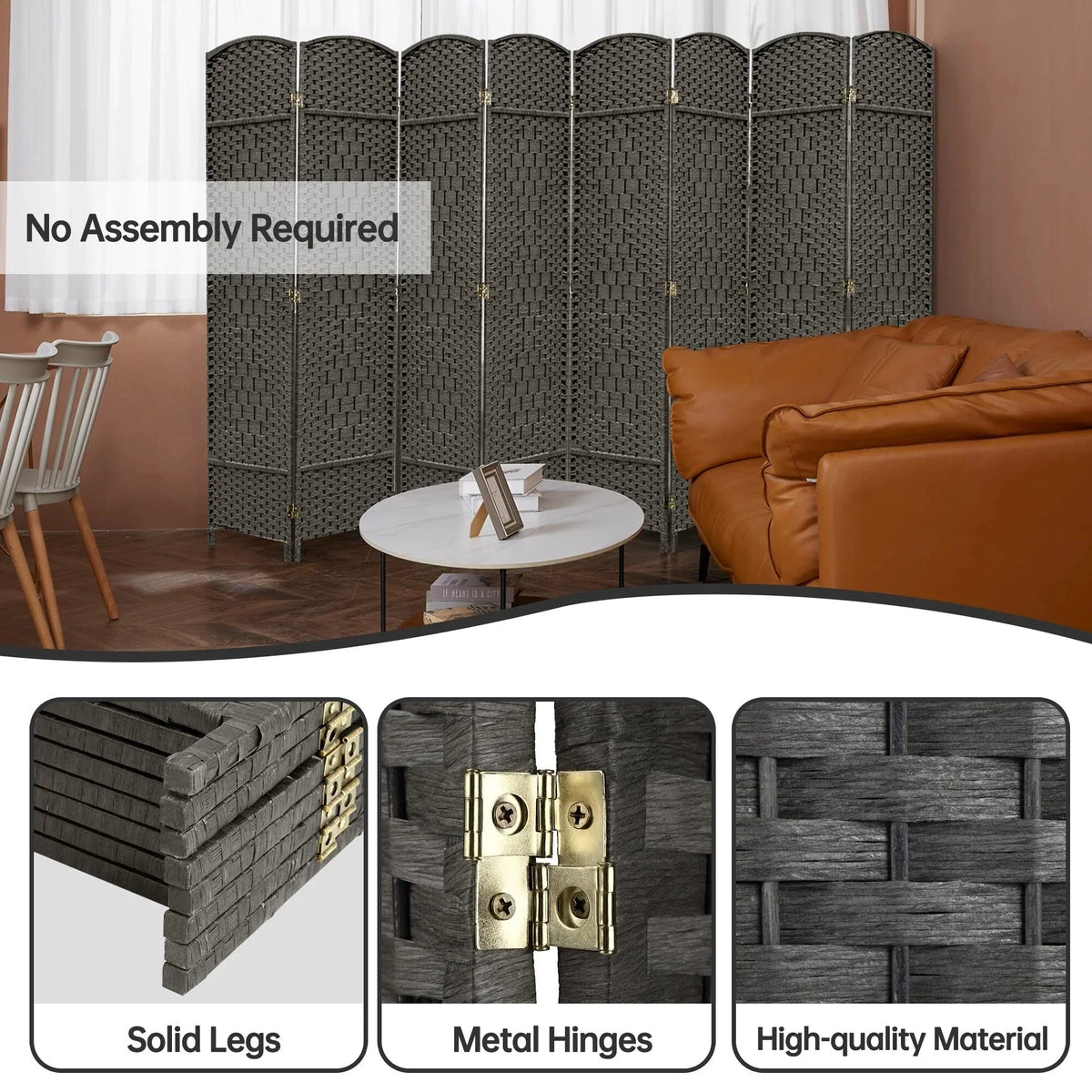 6 FT Tall Woven Fiber Room Divider. Freestanding Folding Privacy Screen