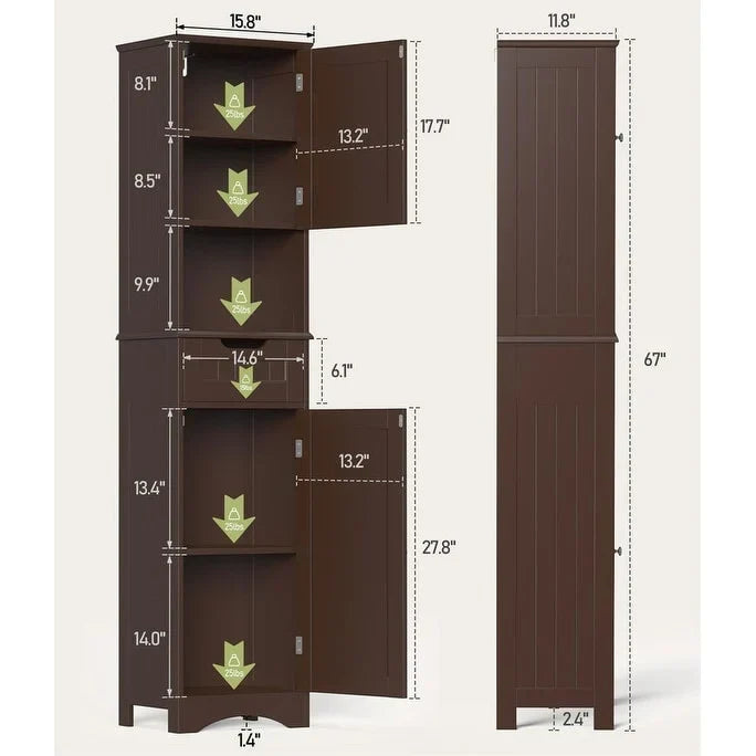 67 Inch Tall Narrow Bathroom Linen Cabinet. 5-Tier Solid Wood Freestanding Storage Cabinet
