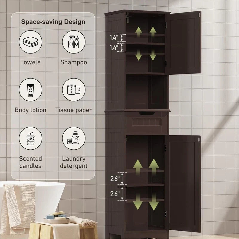 67 Inch Tall Narrow Bathroom Linen Cabinet. 5-Tier Solid Wood Freestanding Storage Cabinet