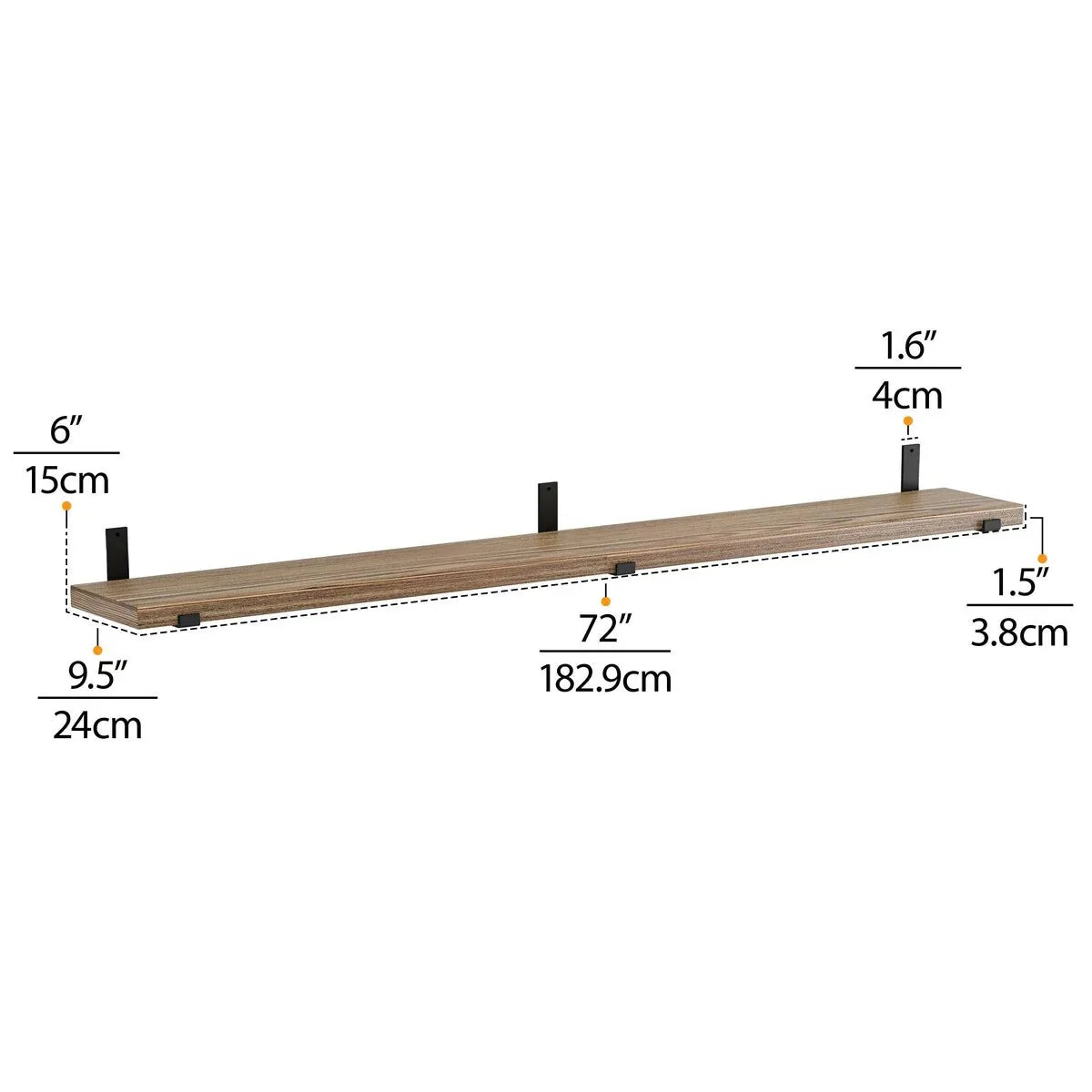 72 Inch Floating Wood Wall Shelves. Set of 3 Burnt Wood Display and Storage Shelves for Home Decor