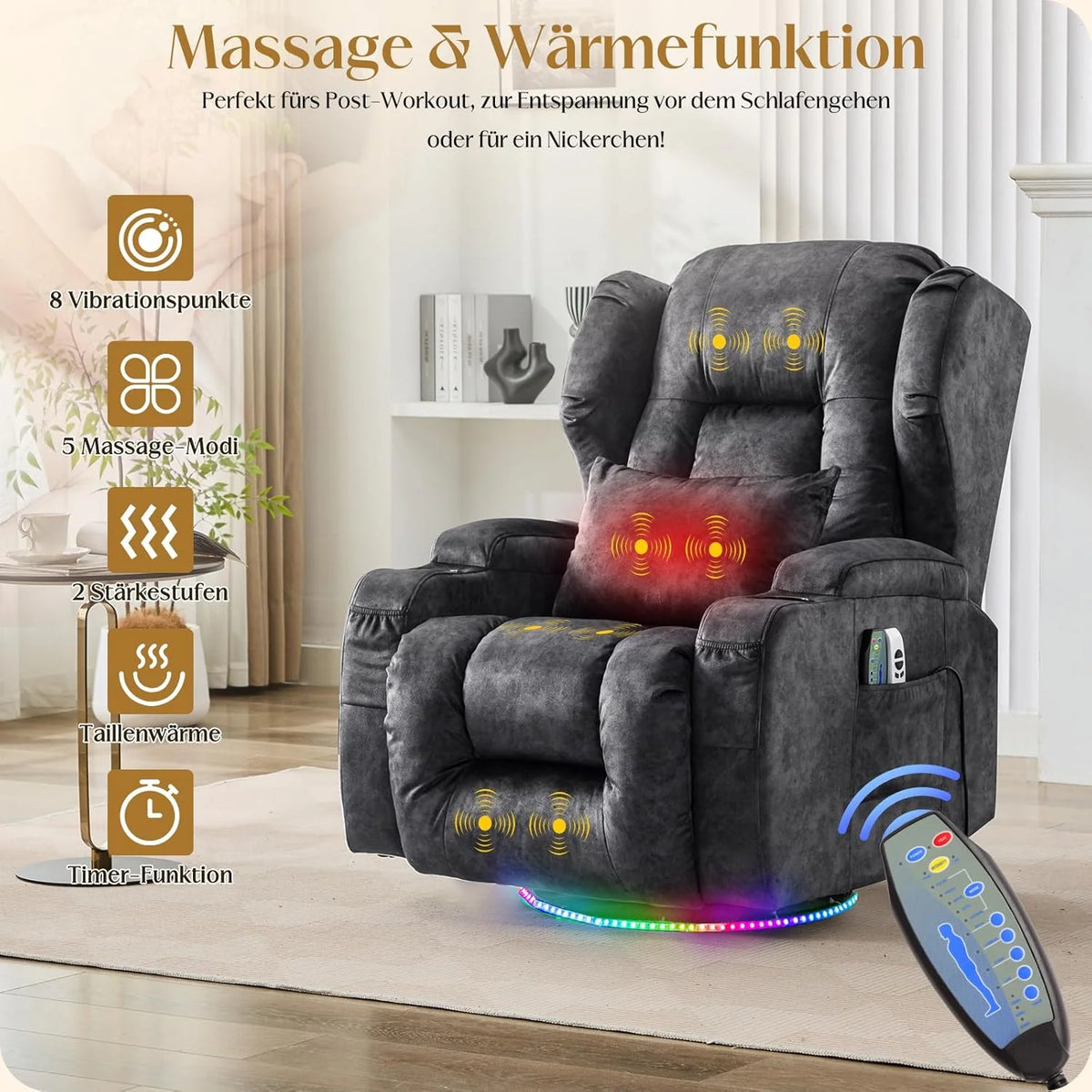 Elektrischer Fernsehsessel Relaxsessel mit Liegefunktion.240°Drehsessel Kinosessel Massagesessel mit Wärmefunktion.TV Sessel Liegesessel fürs