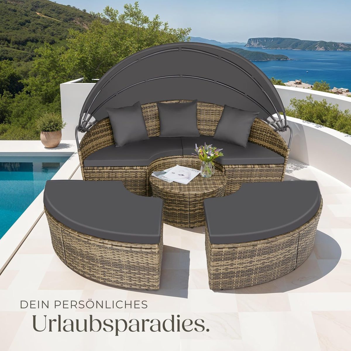 tectake Lounge Muschel Sonneninsel Outdoor wetterfest. Gartenmuschel. Sonnenliege 2 Personen und mehr. multifunktionales Terrasse oder Balkon Möbel.