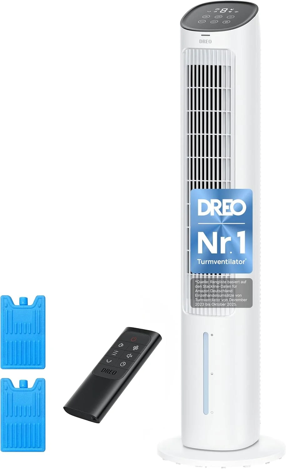 DREO Turmventilator mit Kühlung leise. Ventilator mit Wasserkühlung. 102 cm Luftkühler. Verdunstungskühler mit 80° Schwenkfunktion. 3 Modi. 4