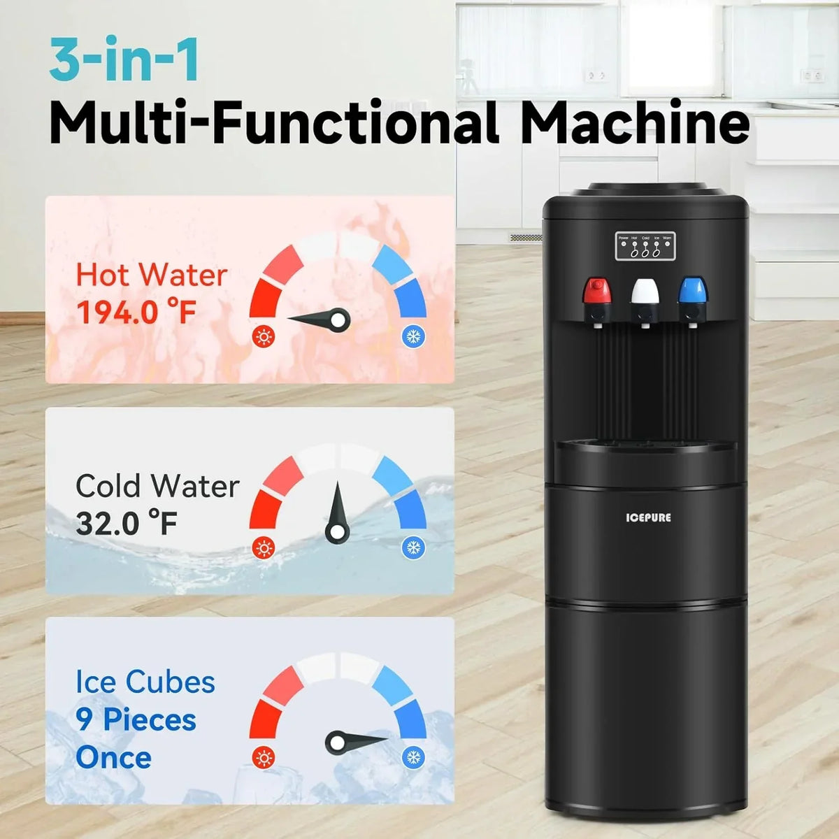 3-in-1 Hot & Cold Water Cooler with Built-in Ice Maker – Top Loading for 3-5 Gallon Bottles. Child Safety Lock. Black