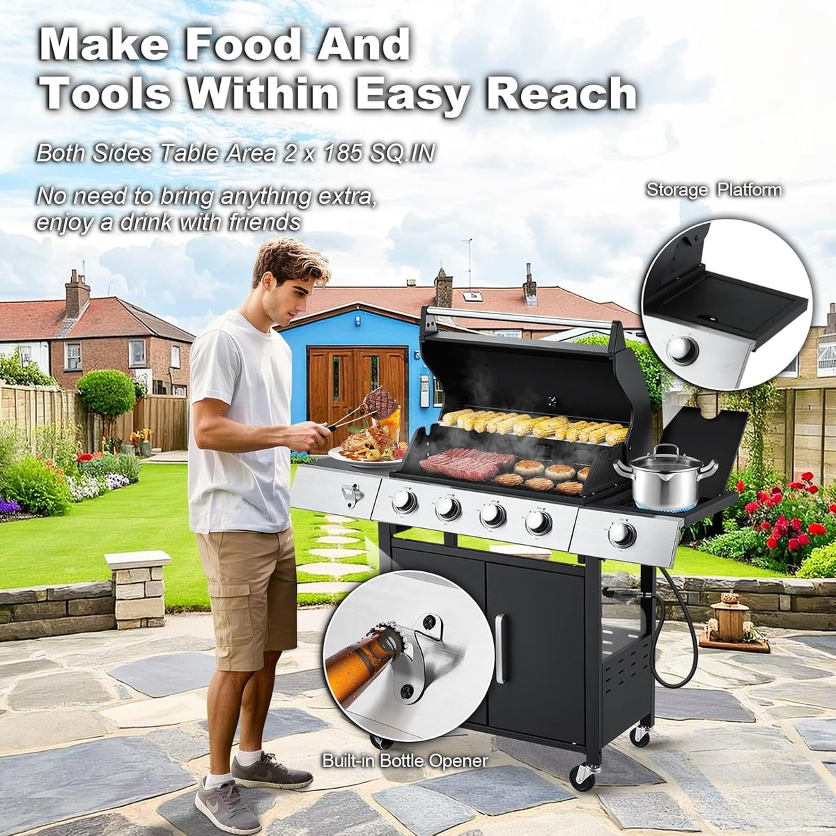 4-Burner Propane Gas Grill with Cast Iron Grates. Side Stove and 44.000 BTU Stainless Steel Burners