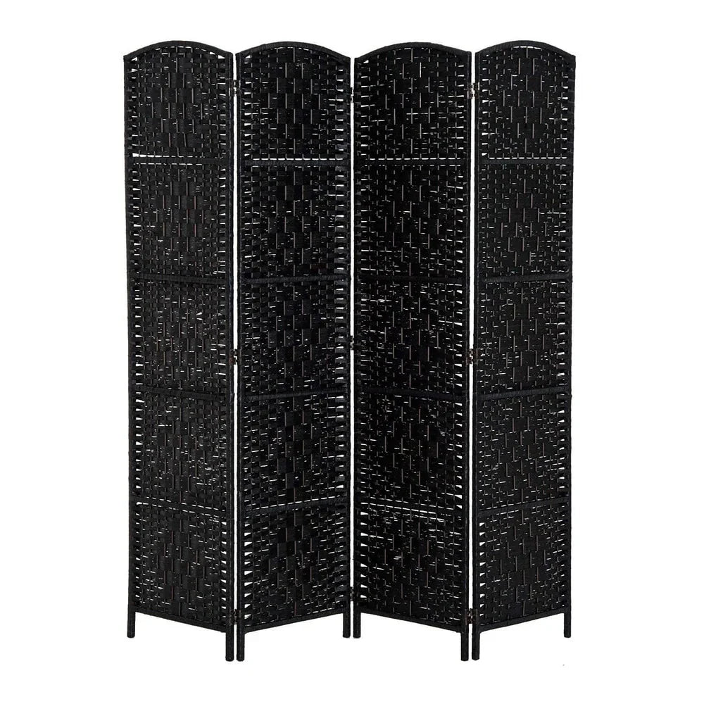 6 Ft Tall Four-Panel Wicker Weave Room Divider. Black Wood Privacy Screen