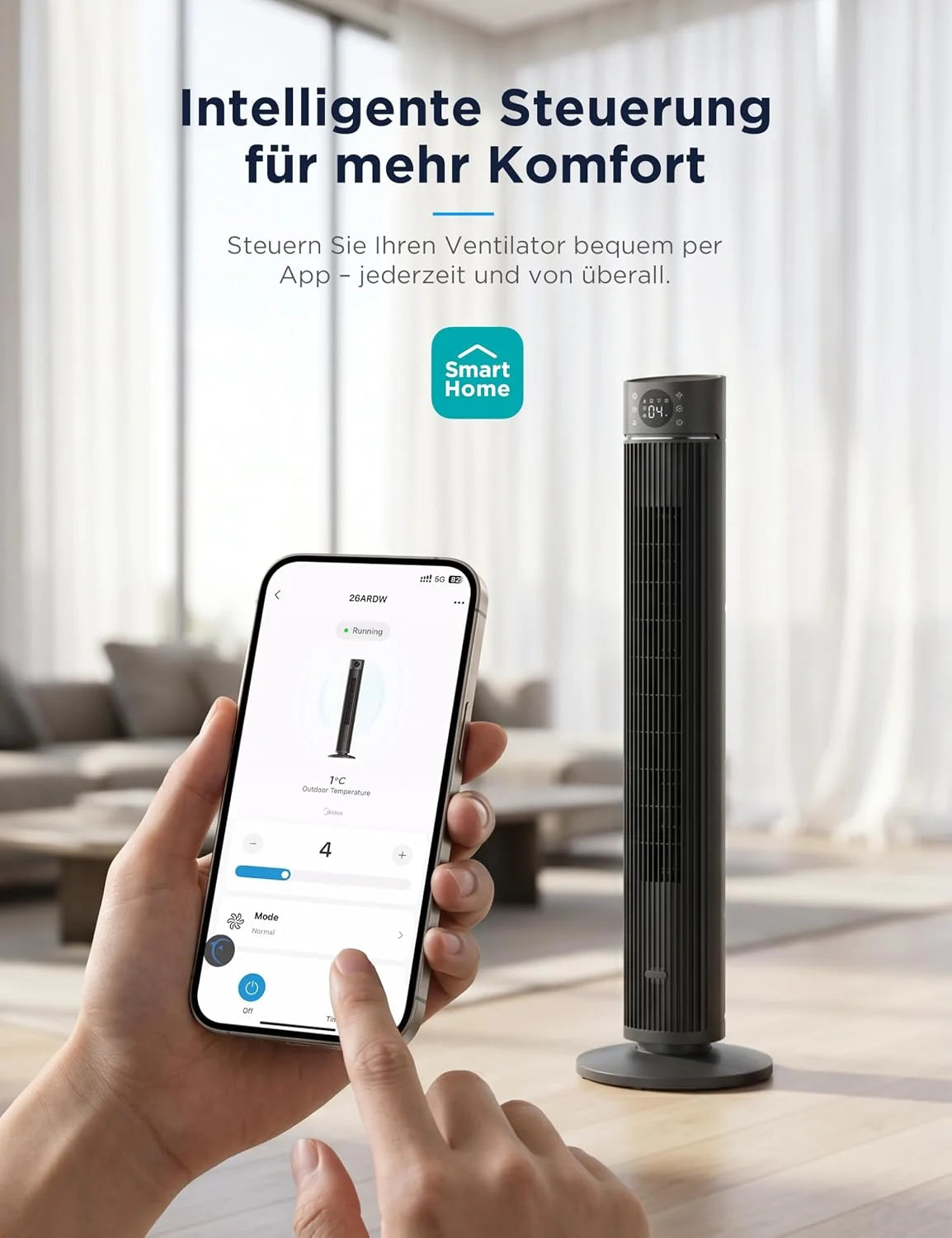 Midea FZ10-26ARDW Smart Leiser Turmventilator mit Fernbedienung. 19 dB Flüsterleise. DC-Motor. 4 Modi & 12 Stufen. 24h Timer. App-Steuerung für