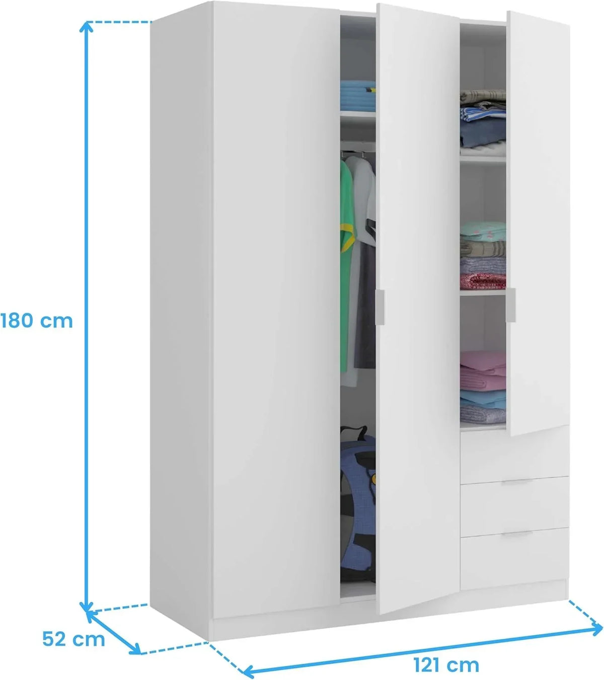 Habitdesign Three Door and Three Drawer Wardrobe Closet. Artic White Finish. Measurements: 121 cm (W) x 180 cm (H) x 52 cm (D)