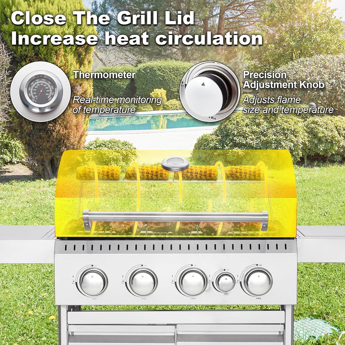 4-Burner Propane Gas Grill with Cast Iron Grates. Side Stove and 44.000 BTU Stainless Steel Burners